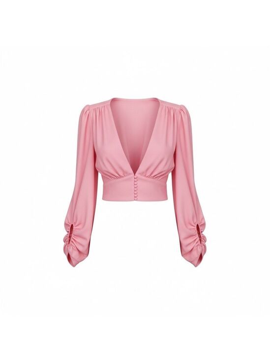 Signature8 Tops - Signature8 Pink Deep V Crop Blouse with Puff Sleeves